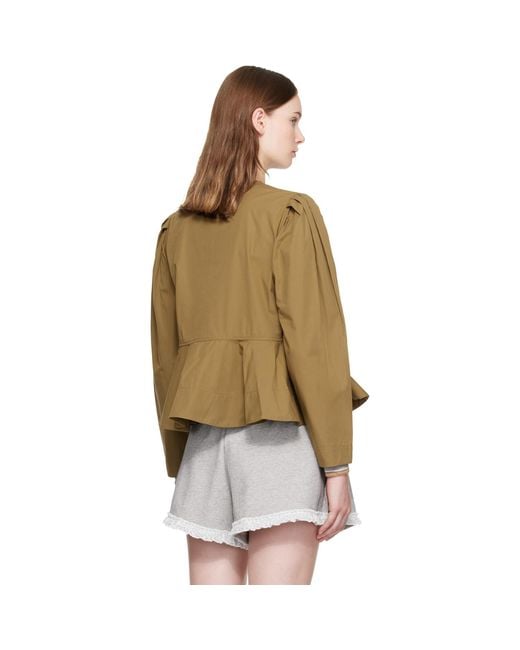 Ganni Brown Khaki Compact Poplin Long Sleeve Peplum Blouse