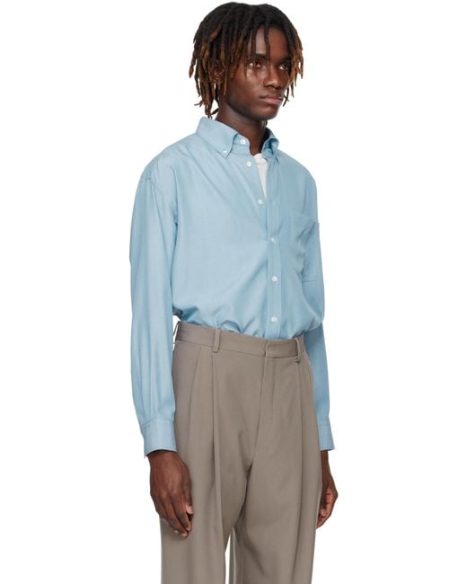 Auralee Blue Silk Broad Button Down Shirt for men