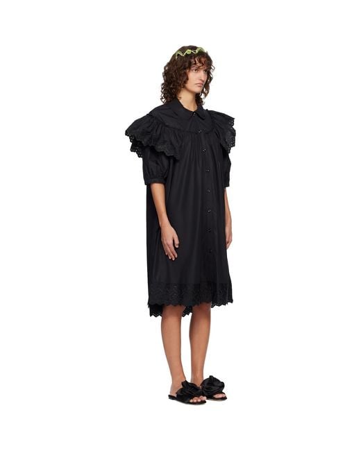Simone Rocha Black Puff Sleeve Ruffle Frill Trim Shirt Midi Dress