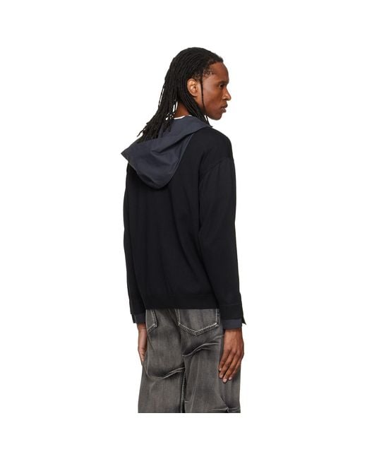 we11done Black Hooded Shirt-Layered Cardigan for men