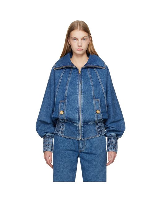 Balmain Blue Zipped Denim Bomber Jacket