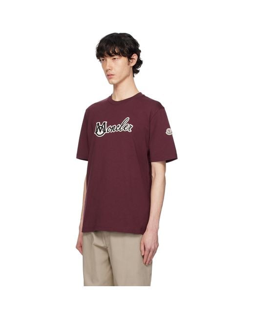 Moncler Burgundy Embroidered Varsity Logo Cotton T-Shirt for men