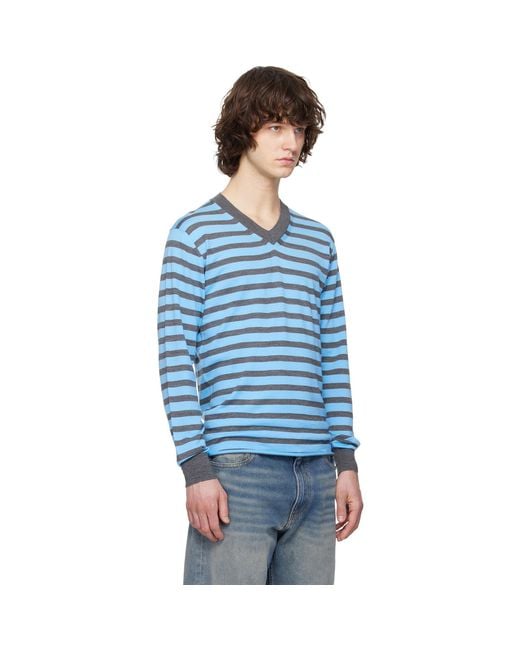 Junya Watanabe Blue Worsted Wool Jersey Stripe Sweater for men