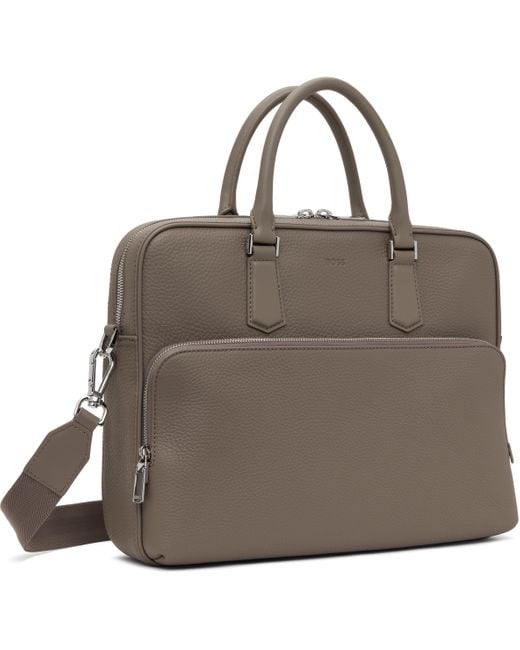 Boss Brown Taupe Leather Emed Logo Briefcase for men
