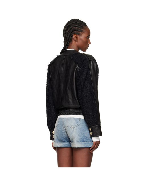 Balmain Black Tweed & Leather Bomber Jacket