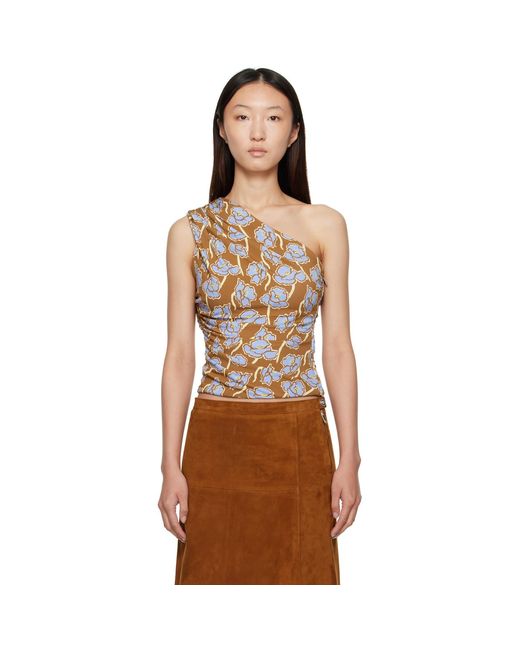 Versace Brown Poppies Gathered One-Shoulder Top