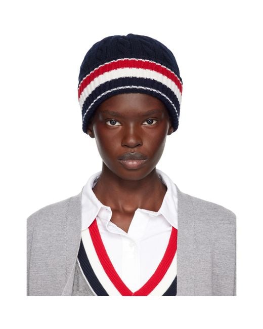 Thom Browne Blue Cable & Rib Merino Wool Rwb Stripe Beanie