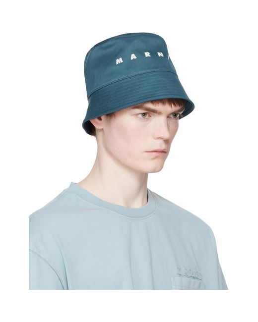 Marni Blue Embroidered Logo Water-Repellent Gabardine Bucket Hat for men