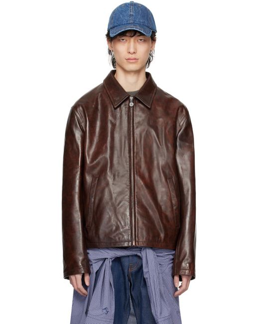 Acne Brown Zipper Leather Jacket for men