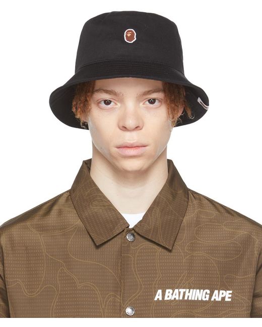 A Bathing Ape Cotton Ape Head One Point Bucket Hat in Black for Men