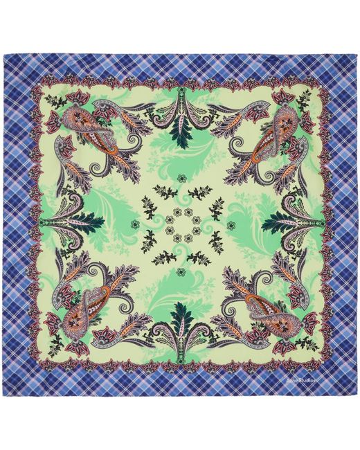 Acne Green & Blue Printed Silk Scarf for men