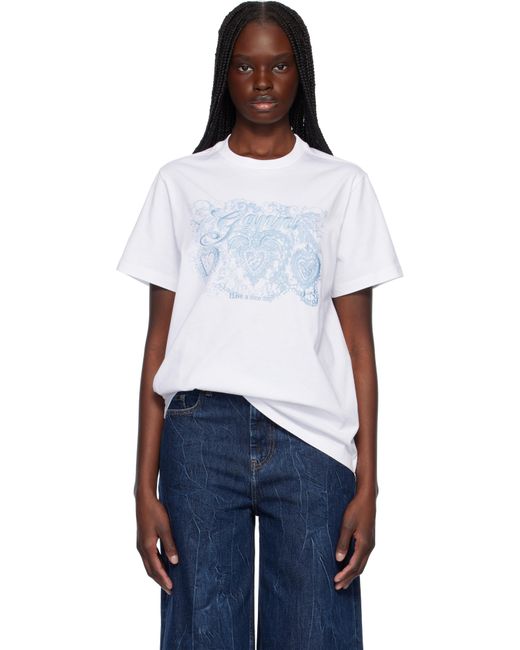 Ganni White Jersey Tattoo Lace T-Shirt