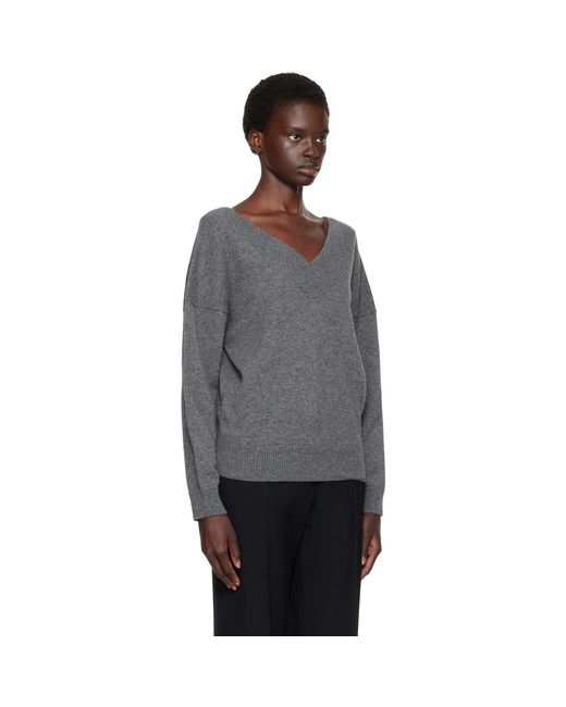 Tom Ford Gray Cashmere Off-The-Shoulder V-Neck Sweater