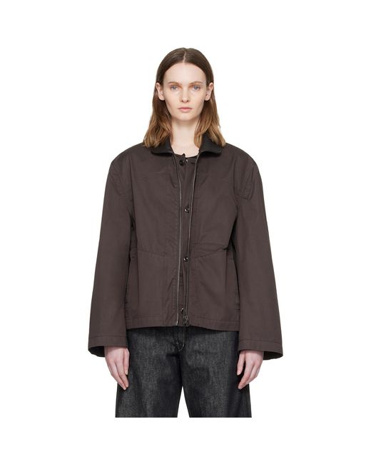 Lemaire Brown Leather Collar Cotton Twill Blouson Jacket