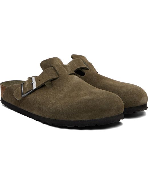 Birkenstock Brown Khaki Boston Soft Footbed Suede Leather Loafers for men