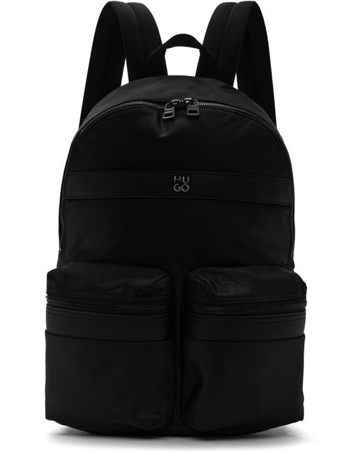 HUGO Black Stacked-Logo Twill Backpack for men