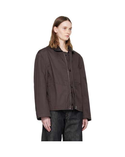 Lemaire Brown Leather Collar Cotton Twill Blouson Jacket