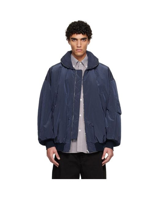 Hed Mayner Blue Crinkled Bomber Jacket for men