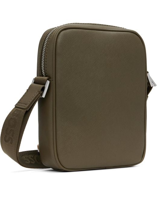 Boss Green Khaki Signature Stripe Logo Detail Reporter Bag for men