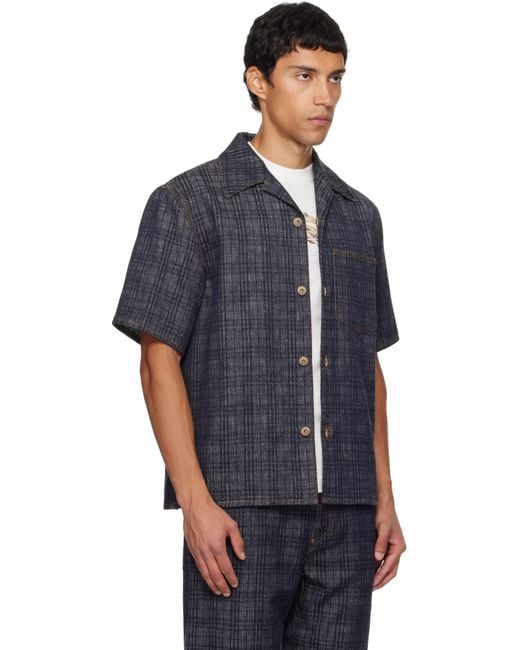 Burberry Blue Relaxed Fit Check Denim Shirt for men