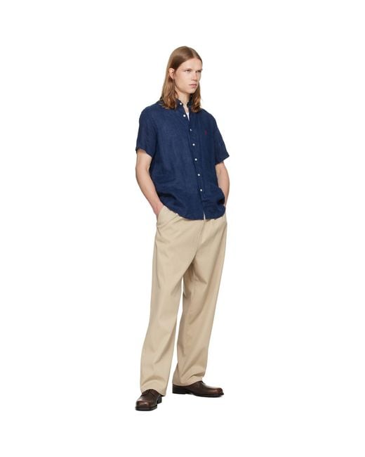 Polo Ralph Lauren Blue Linen Short Sleeve Sport Shirt for men