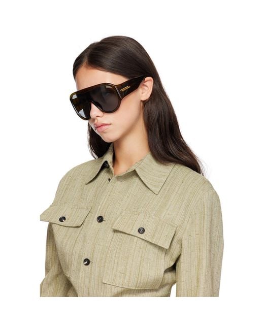 Bottega Veneta Gray Khaki Scudo Shield Sunglasses