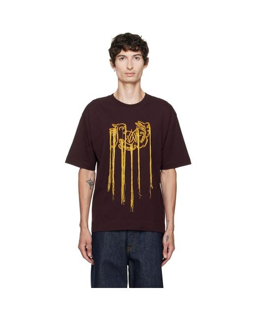 Dries Van Noten Black Burgundy Fringed T-Shirt for men
