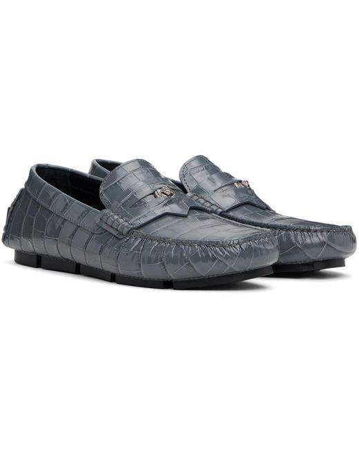 Versace Black Medusa Croc-Effect Driver Loafers for men