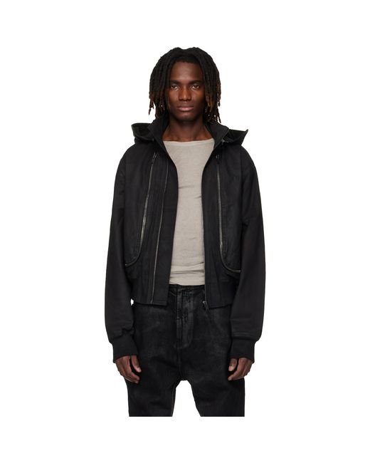 Det Blev Sent Black Waxed Hooded Cargo Bomber Jacket for men