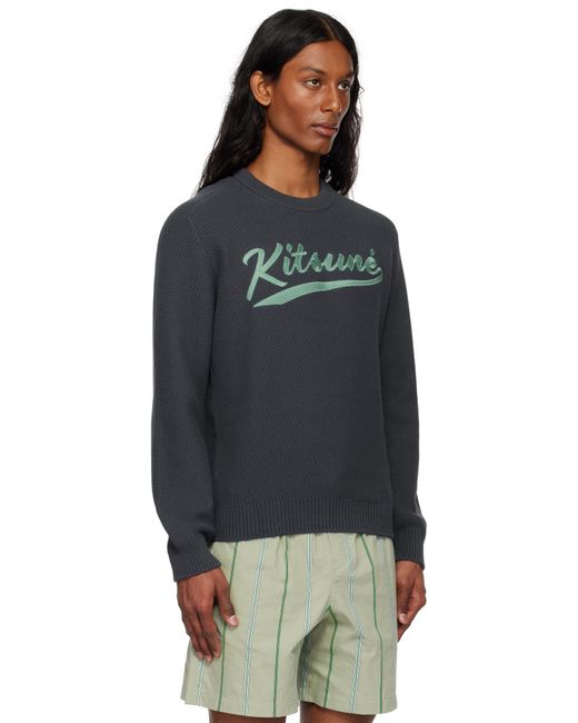 Maison Kitsuné Black 'Kitsuné' Varsity Embroidered Mesh Sweater for men