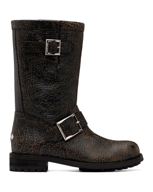 Jimmy Choo Black Biker Midcrackled Leather Boots