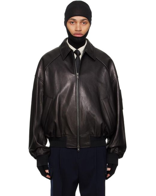 Juun.J Black Spread Collar Leather Jacket for men