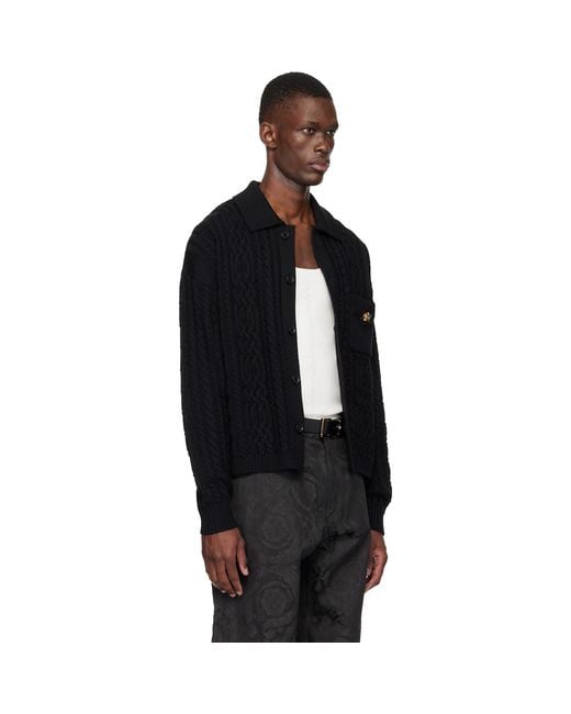 Versace Black Mixed-Stitch Wool Knit Cardigan for men