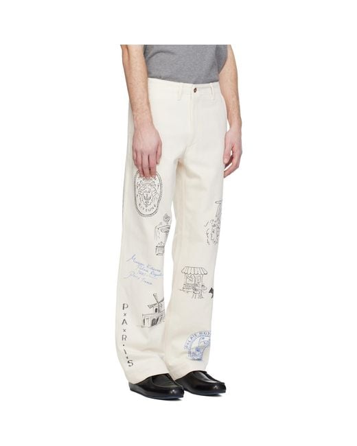 Maison Kitsuné White Off- Kuro Edition Handwritten Postcard Denim Trousers for men