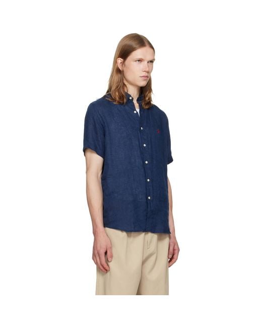 Polo Ralph Lauren Blue Linen Short Sleeve Sport Shirt for men
