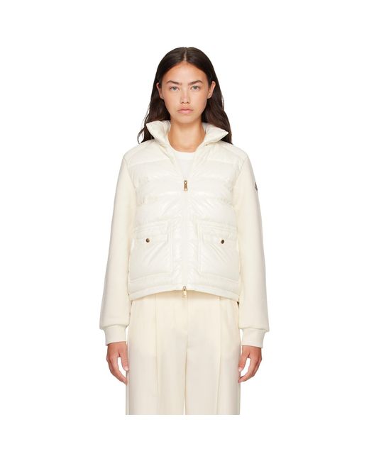 Moncler White Off- Zip Up Cotton Fleece Down Cardigan
