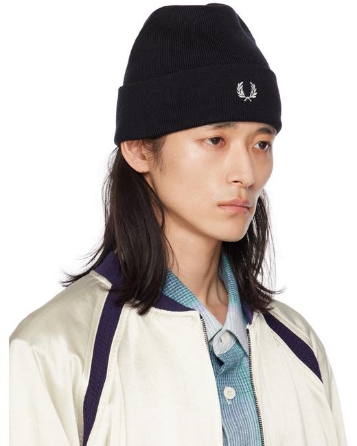 Fred Perry Blue Black Embroidered Beanie for men