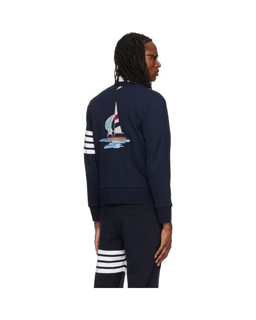 Thom Browne Blue Loopback 4-Bar Boat Embroidery Cardigan for men