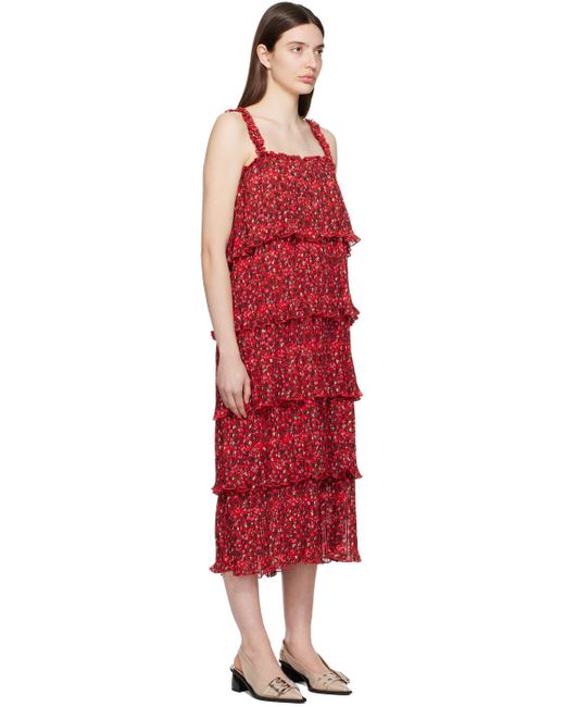 Ganni Red Flounce Midi Dress