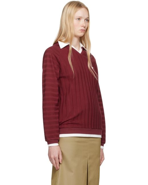 ShuShu/Tong Red Burgundy Striped Knitted Long-Sleeved Polo
