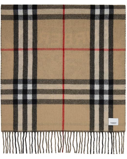 Burberry Metallic Beige Cashmere Check And Knight Scarf