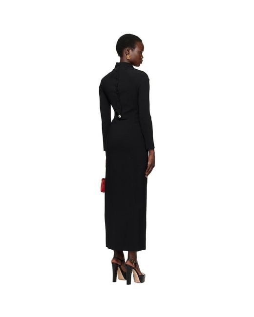 Versace Black Cady Draped-Neck Slit Maxi Dress