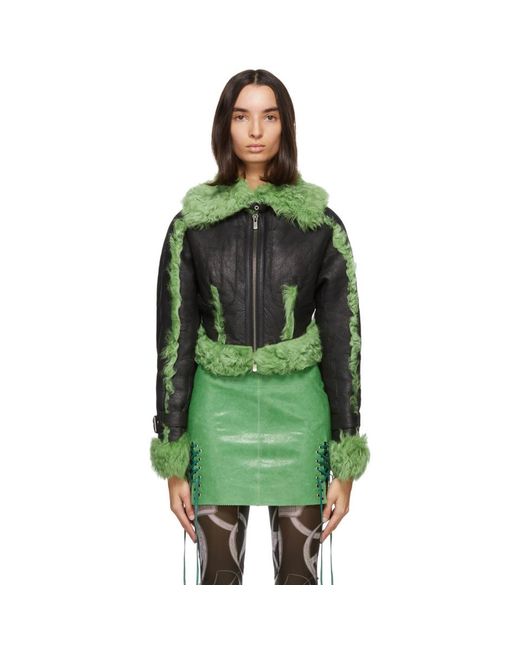 CHARLOTTE KNOWLES Ssense Exclusive Black And Green Shearling Joan Jacket