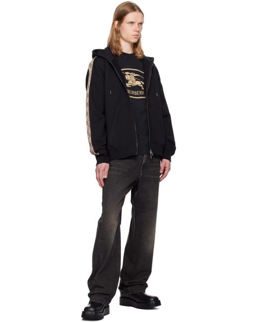 Burberry Black Check Trim Cotton Zip Hoodie for men