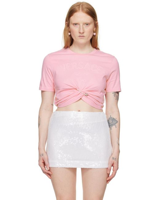T-shirt rose à logo et texte brodés Versace en coloris Pink