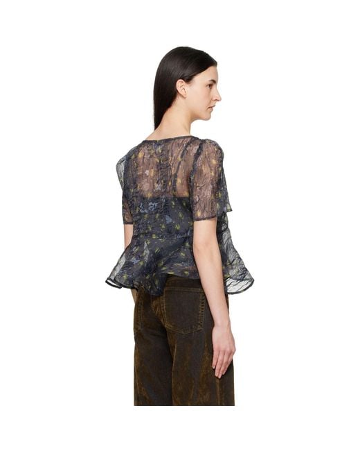 Ganni Black Shibori Organza Peplum Blouse