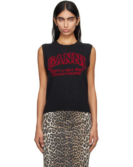 Ganni Black Logo Jacquard Knit Vest