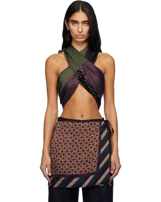 Dries Van Noten Black Burgundy & Khaki Wrap Bra Top