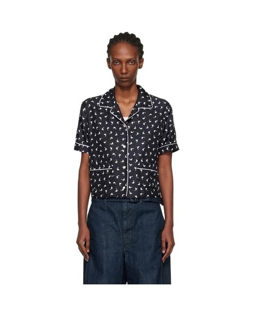 Moschino Black All Over Small Goose Print Silk Twill Blouse