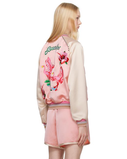 Anna Sui Pink Satin Embroidered Souvenir Bomber Jacket